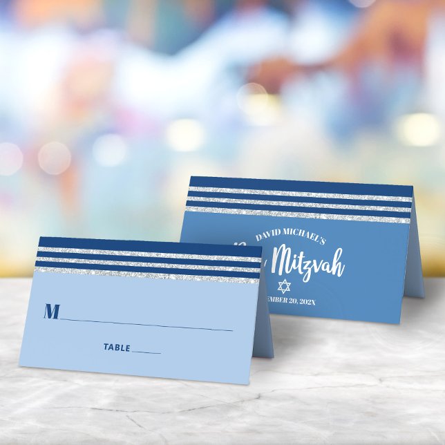 Tarjeta De Asiento Barra Mitzvah Moderno Plata Azul Tallit negrita (Subido por el creador)
