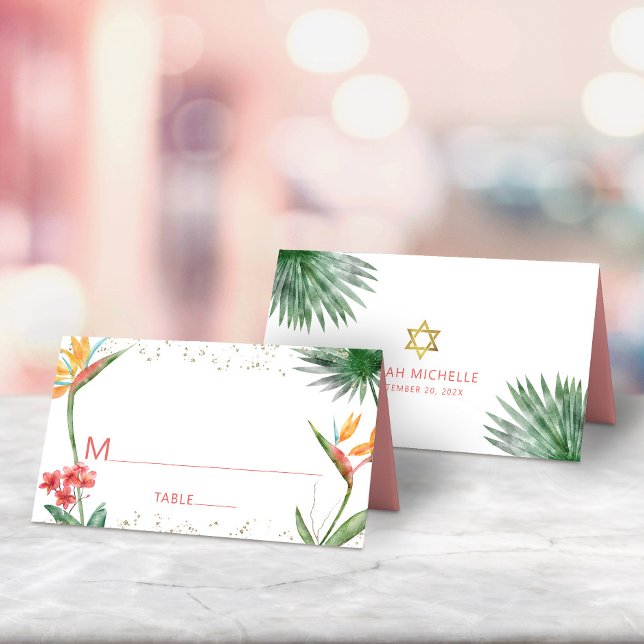 Tarjeta De Asiento Bat de oro rosa Mitzvah acuarela tropical floral (Subido por el creador)