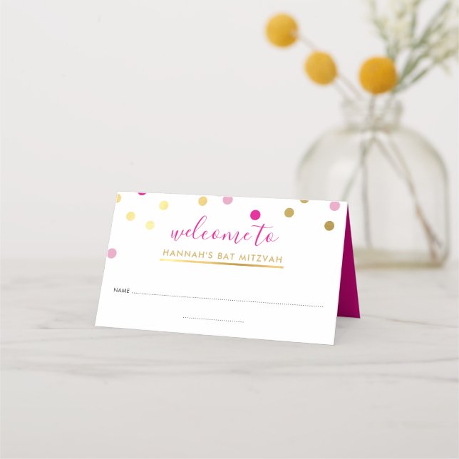 Tarjeta De Asiento BAT MITZVAH bonito glam confetti spot oro rosa (Anverso)