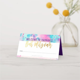 Tarjeta De Asiento BAT MITZVAH linda acuarela rosa púrpura color de a