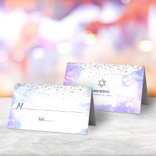 Tarjeta De Asiento Bat Mitzvah Modern Purple Watercolor Plata Dots