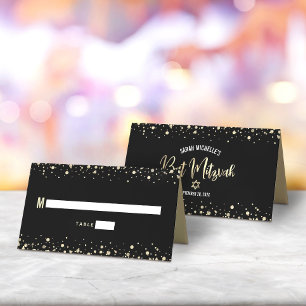 Tarjeta De Asiento Bat Mitzvah Negro Oro Hoja Script Confeti Moderno