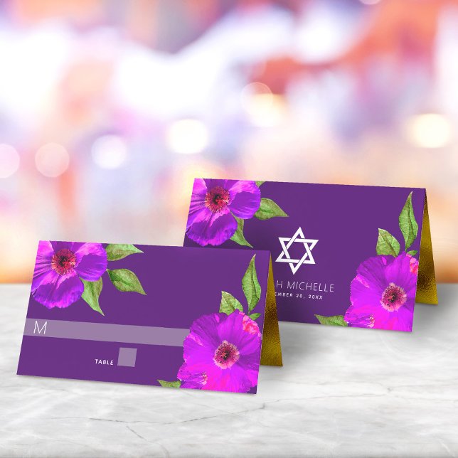 Tarjeta De Asiento Bat Mitzvah Purple Bold Floral acuarela moderna (Subido por el creador)