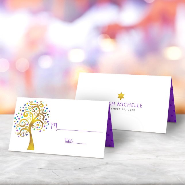 Tarjeta De Asiento Bat Mitzvah Relieve metalizado dorado púrpura mode (Subido por el creador)