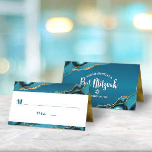 Tarjeta De Asiento Bat Mitzvah Turquesa Azul Ombre Ágata Dorada Moder