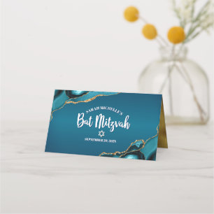 Tarjeta De Asiento Bat Mitzvah Turquesa Azul Ombre Ágata Dorada Moder