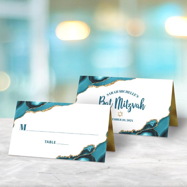 Tarjeta De Asiento Bat Mitzvah Turquoise Gold Agate Simple Moderno (Subido por el creador)