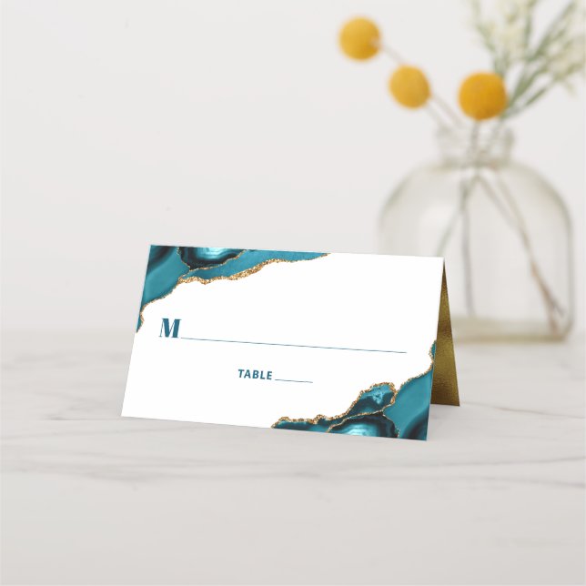 Tarjeta De Asiento Bat Mitzvah Turquoise Gold Agate Simple Moderno (Anverso)