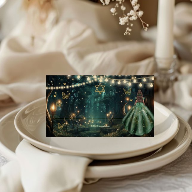 Tarjeta De Asiento Bat Mitzvah vestido verde de esmeralda de los bosq (enchanted forest emerald green dress starry night fairy lights bat mitzvah tent folded place cards )