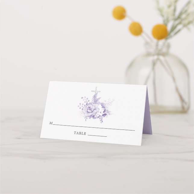Tarjeta De Asiento Bautismo floral de Lilac y Plata o cristianismo (Anverso)