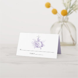 Tarjeta De Asiento Bautismo floral de Lilac y Plata o cristianismo