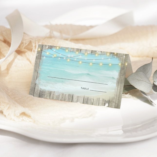 Tarjeta De Asiento Beach Coastal Rustic Wood String Lights Boda (Subido por el creador)