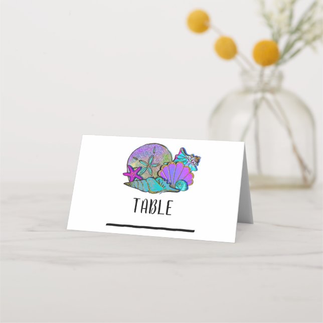 Tarjeta De Asiento Beach Sea Shells Purpurina Sparkle Birthday Party (Anverso)