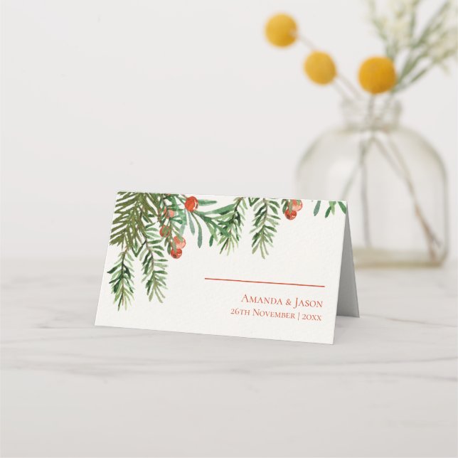 Tarjeta De Asiento Berries Rojas y deja Boda de Navidades festivos (Anverso)
