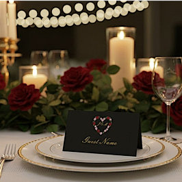 Tarjeta De Asiento Black folded place card - floral heart Guest name