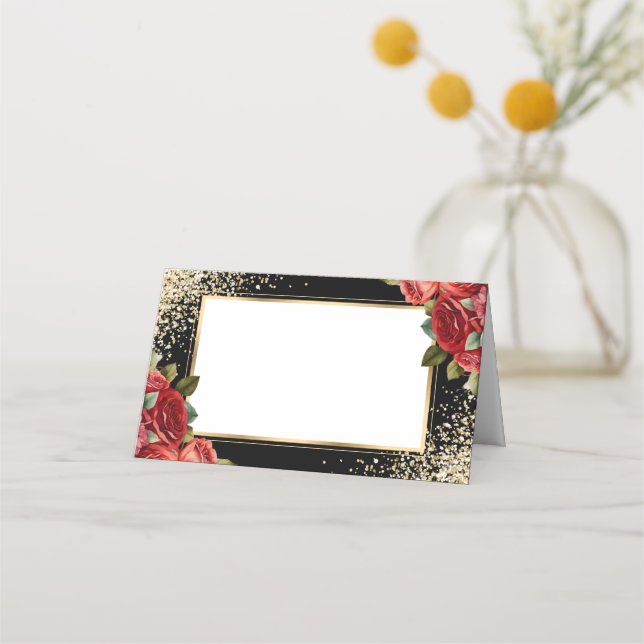 Tarjeta De Asiento Black Gold Confetti Red Roses Floral (Anverso)