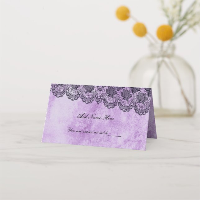Tarjeta De Asiento Black Lace Purple Gothic Boda Table Place Card (Anverso)