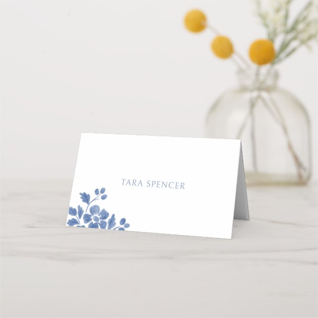 Tarjeta De Asiento Blanco y azul | Boda floral (Anverso)