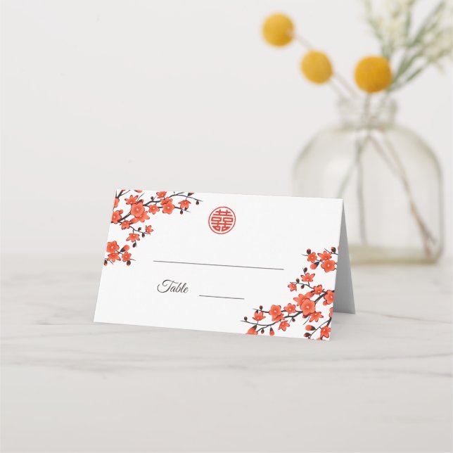 Tarjeta De Asiento Blossom rojo blanco cerezo | Boda chino (Anverso)