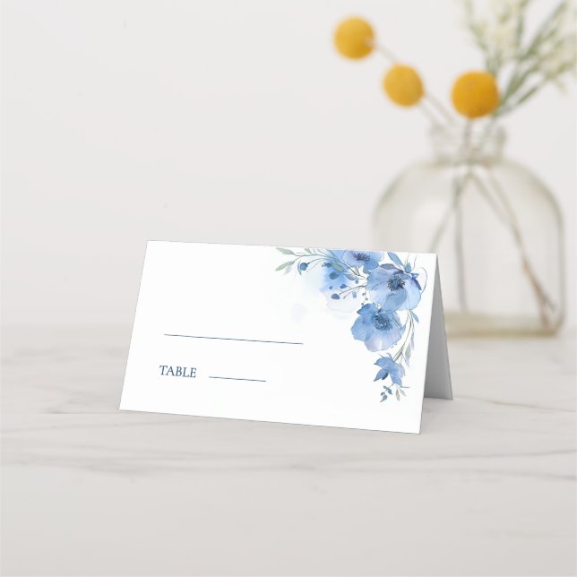 Tarjeta De Asiento Blue Fine Art Watercolor Flowers Wedding (Anverso)