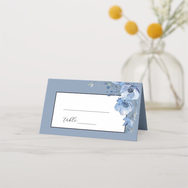 Tarjeta De Asiento Blue Fine Art Watercolor Flowers Wedding (Anverso)