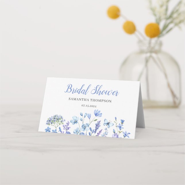 Tarjeta De Asiento Blue Floral Bridal Shower Doble Place Card (Reverso)