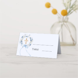 Tarjeta De Asiento Blue floral wreath gold cross bow boy baptism