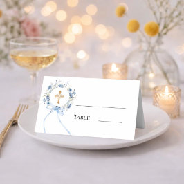 Tarjeta De Asiento Blue floral wreath gold cross bow ribbon boy