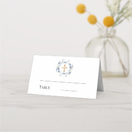 Tarjeta De Asiento Blue floral wreath gold cross boy baptism