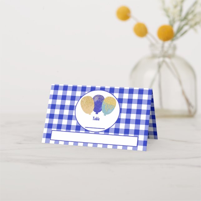 Tarjeta De Asiento Blue Gingham Purpurina Blue Fiesta Balloons Cumple (Anverso)