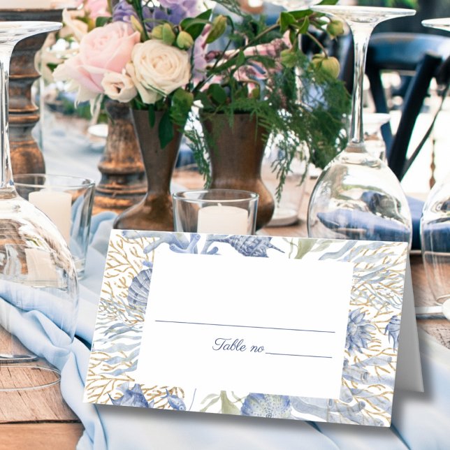 Tarjeta De Asiento Blue Gold Coastal Folded Place Card (Blue Gold Coastal Folded Place Card)