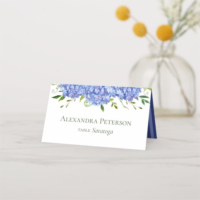 Tarjeta De Asiento Blue Hydrangeas Boda (Anverso)