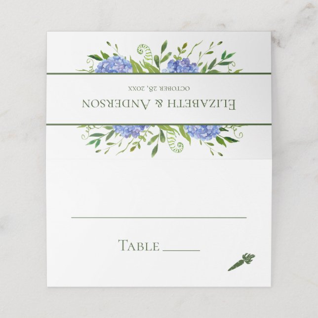 Tarjeta De Asiento Blue Hydrangeas Boda (Exterior desplegado)