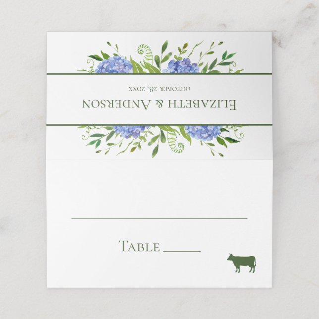 Tarjeta De Asiento Blue Hydrangeas Boda (Exterior desplegado)