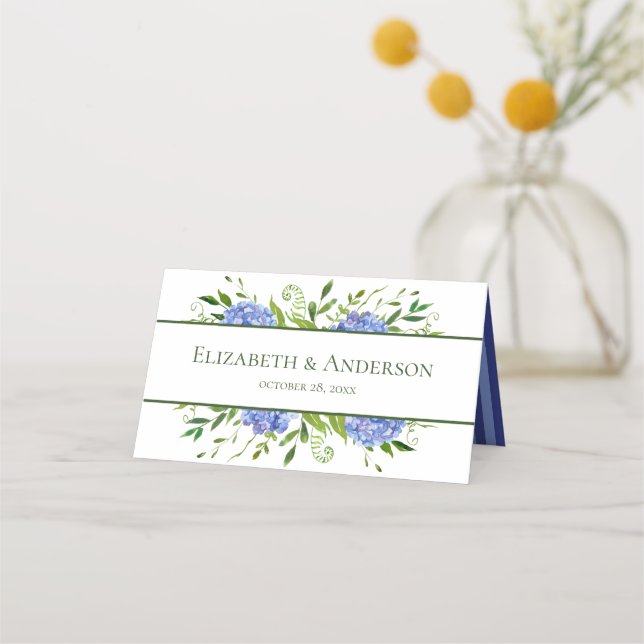 Tarjeta De Asiento Blue Hydrangeas Boda (Anverso)