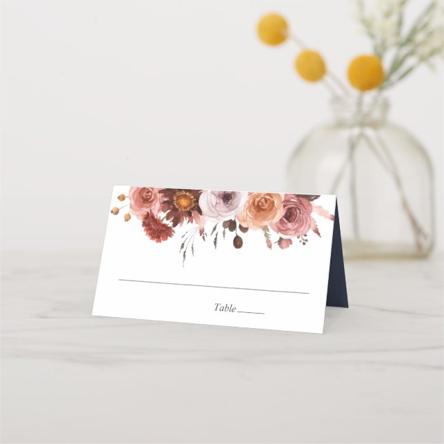 Tarjeta De Asiento Blue Slate, Burgundy y Rubor Floral, Boda (Anverso)