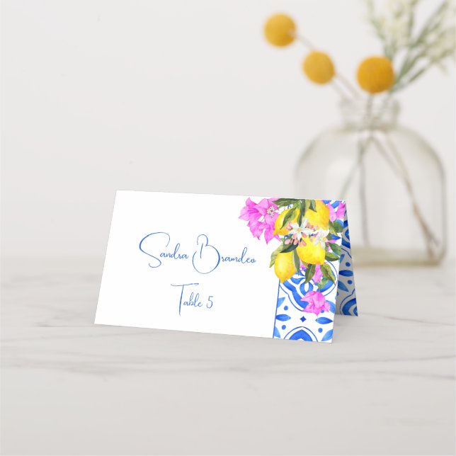 Tarjeta De Asiento Blue Tiles Bougainvillea lemons elegante boda (Anverso)