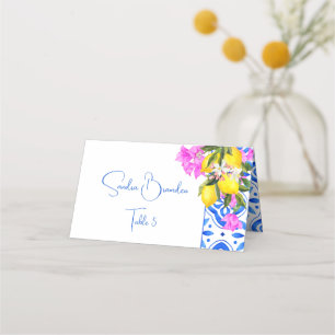 Tarjeta De Asiento Blue Tiles Bougainvillea lemons elegante boda