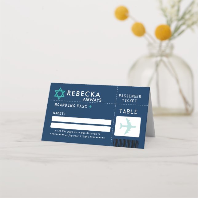 Tarjeta De Asiento BLUE VERDE AZULADO Bar Mitzvah Airline Ticket Plac (Anverso)