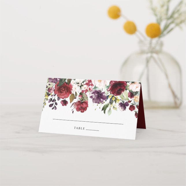 Tarjeta De Asiento Blush floral burgundy vino acuarela (Anverso)