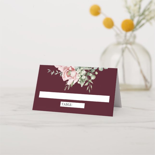 Tarjeta De Asiento Blush Pink Floral Eucalyptus Burgundy Wedding (Anverso)