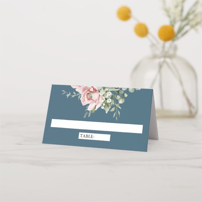 Tarjeta De Asiento Blush Pink Floral Eucalyptus Dusty Blue Wedding (Anverso)