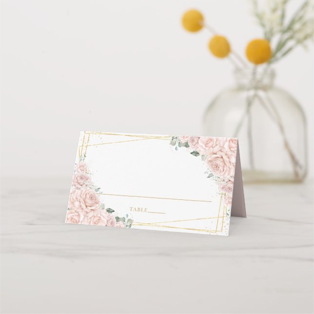 Tarjeta De Asiento Blush Pink Roses Floral Gold Quinceañera Birthday (Anverso)