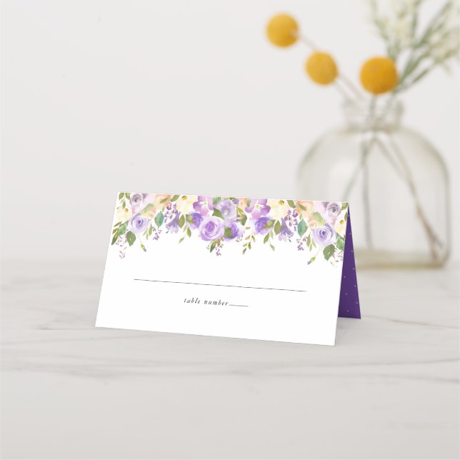 Tarjeta De Asiento Boda acuarela morado y floral crema (Anverso)