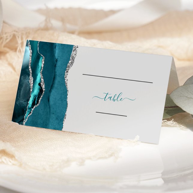 Tarjeta De Asiento Boda Agata Azul Turquesa Chic Plata (Subido por el creador)
