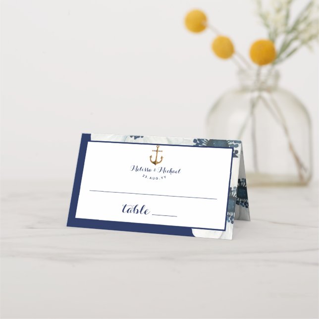 Tarjeta De Asiento boda Anemone Blanco y Azul de la Marina Náutica (Anverso)