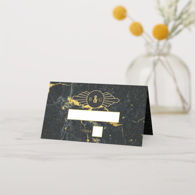 Tarjeta De Asiento Boda Art Decó de Mármol de oro negro (Anverso)