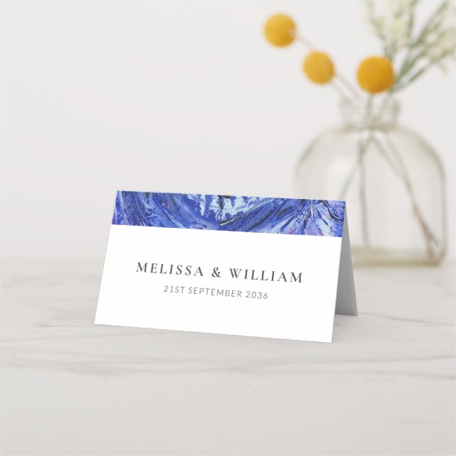 Tarjeta De Asiento Boda Arte Azul Blanco (Reverso)