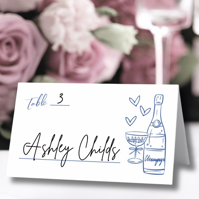 Tarjeta De Asiento Boda azul caprichoso de mano (Hand Drawn Whimsical Blue Wedding Place Card)