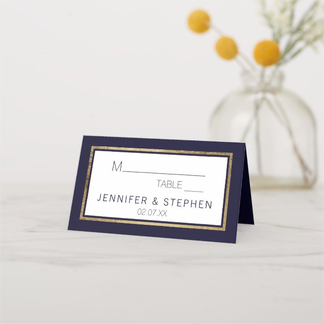 Tarjeta De Asiento Boda azul de la Marina Dorada Moderna (Anverso)